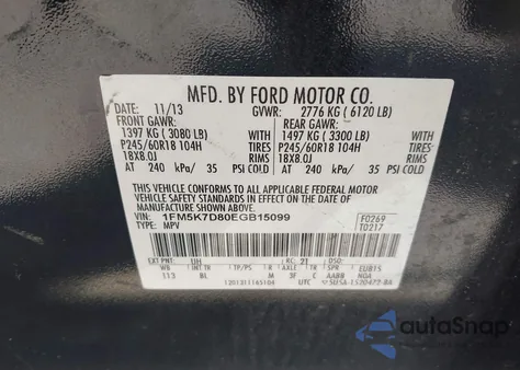 2014 Ford Explorer Xlt из США, поврежденный, VIN 1FM5K7D80EGB15099